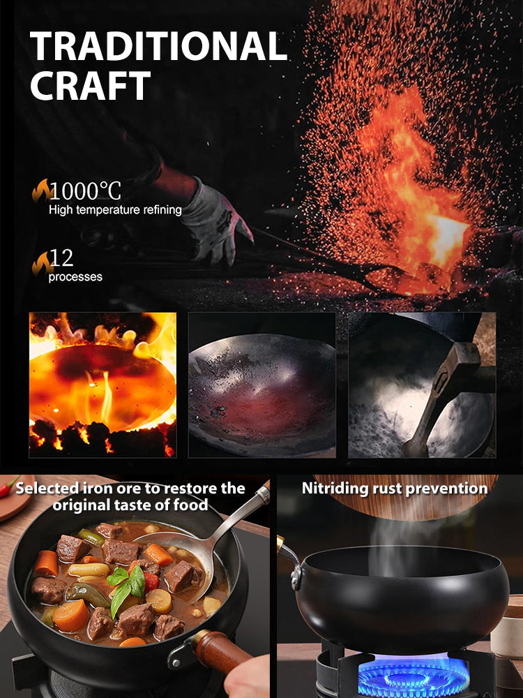 【Japanese Handcrafted 🛡️ with lid】Heirloom Quality Iron Wok 🇯🇵 | 100% PFOS Free Zero Coating | Lifetime Durable 🍳🪶