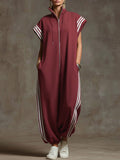 Women's Relaxed Stand-collar Short-sleeved Casual Loose Cotton Wide-leg Jumpsuit