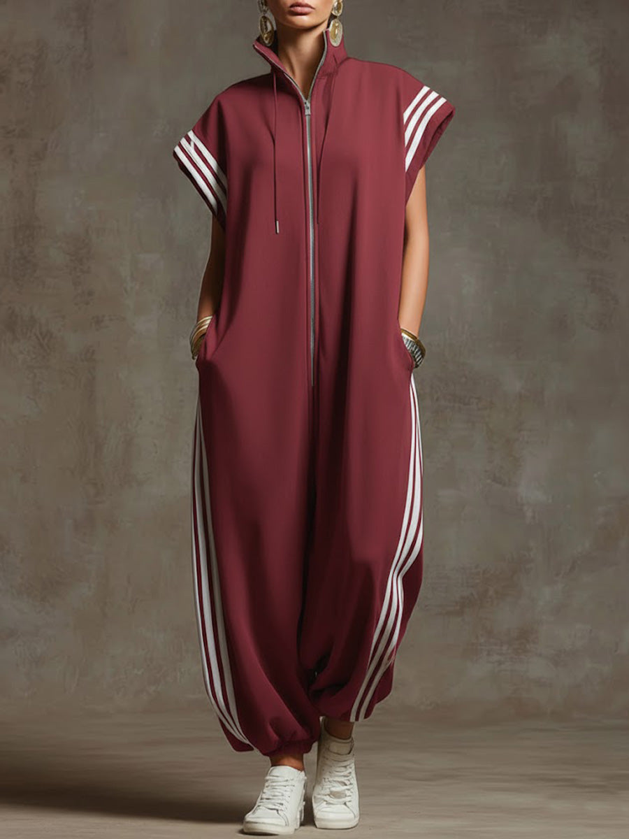 Women's Relaxed Stand-collar Short-sleeved Casual Loose Cotton Wide-leg Jumpsuit